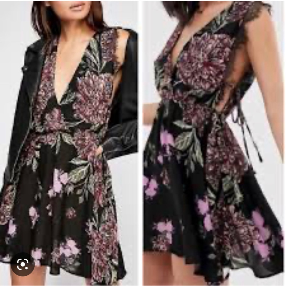 FREE PEOPLE INTIMATELY MARNIE FLORAL PRINTED BLACK COMBO MINI DRESS.